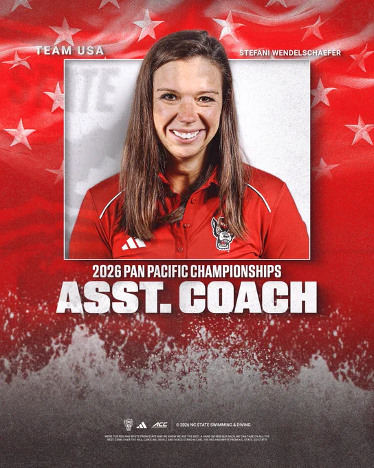 Graphic of Wolfpack assistant coach Stefani Wendelschaefer after being named to the 2026 Pan Pacific Championships Team USA coaching staff.