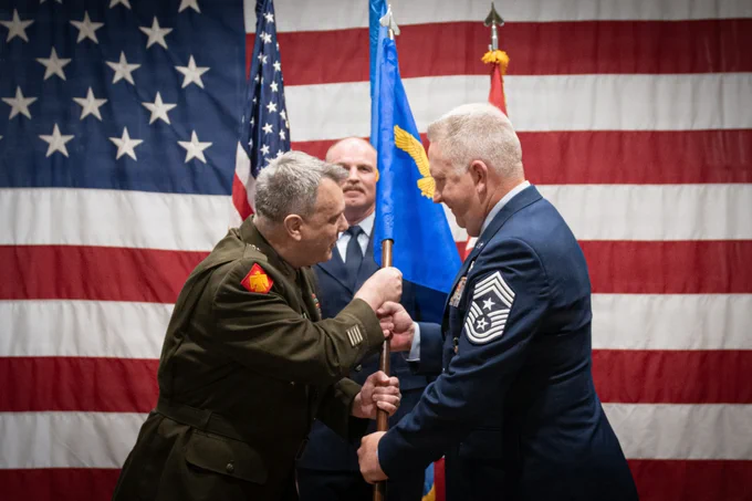U.S. Army Maj. Gen. Thomas Mancino, Adjutant General for Oklahoma, and Command Chief Master Sgt. Eric Erler, incoming State Command Chief Master Sergeant of Oklahoma, participate in a change of responsibility ceremony at Tulsa Air National Guard Base, Okla., June 7, 2026. During the ceremony, Erler was praised for his work and dedication during his time at the 138th Fighter Wing, and expressed excitement about the opportunity to work at the Oklahoma National Guard Joint Force Headquarters. (Oklahoma Air National Guard photo by Senior Airman Christian Corley)