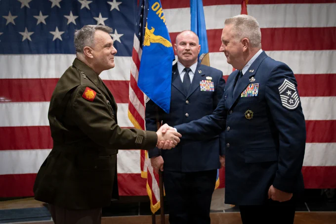 Command Chief Master Sgt. Eric Erler assumes responsibility of Joint Force Headquarters during a change of responsibility ceremony at Tulsa Air National Guard Base, Okla., June 7, 2026. Erler relinquished responsibility of the 138th Fighter Wing to Chief Master Sgt. Justin Long, who will oversee the well-being of the 138th FW\u2019s enlisted force. (Oklahoma Air National Guard photo by Senior Airman Christian Corley)