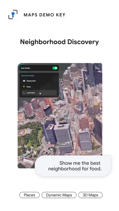 A promotional graphic for "Neighborhood Discovery" features a 3D aerial city map with an "EXPLORE NEARBY" menu for restaurants, parks, and landmarks. A text bubble at the bottom reads, "Show me the best neighborhood for food," above pill-shaped buttons labeled "Places," "Dynamic Maps," and "3D Maps." The top of the image displays the "MAPS DEMO KEY" logo and the feature title.