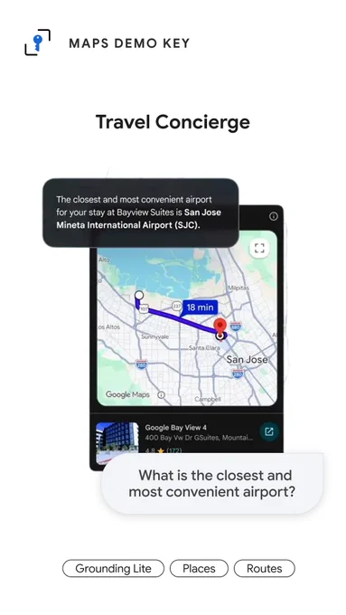 A "Travel Concierge" demo interface shows a smartphone displaying a map of San Jose with an 18-minute route highlighted. A user chat bubble asks, "What is the closest and most convenient airport?" and a response bubble identifies San Jose Mineta International Airport (SJC) as the best option for their stay. Buttons at the bottom of the screen are labeled "Grounding Lite," "Places," and "Routes."