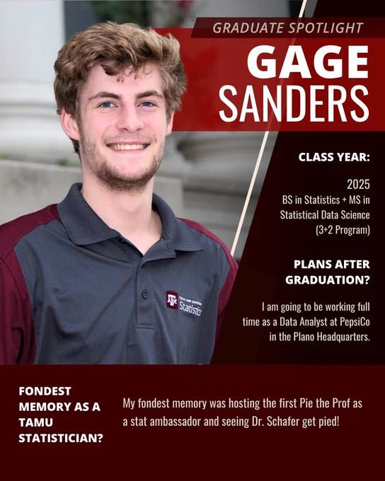Graduate Spotlight graphic featuring Gage Sanders. A smiling student with light brown hair stands outdoors wearing a gray and maroon Texas A&M Statistics polo shirt. The graphic identifies him as a 2025 graduate earning a BS in Statistics and an MS in Statistical Data Science through the 3 2 program. His plans after graduation are to work full-time as a Data Analyst at PepsiCo headquarters in Plano, Texas. The graphic also includes his favorite memory as a Texas A&M statistician: hosting the first Pie the Prof event as a statistics ambassador and seeing Dr. Schafer get pied. The design uses Texas A&M maroon and white branding.