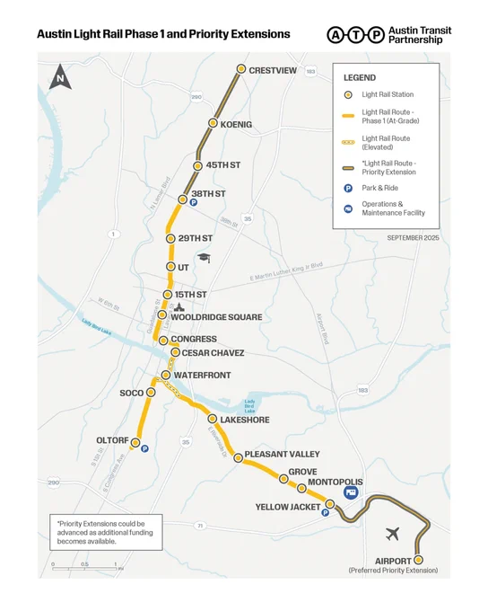 The Austin Light Rail Phase 1 and Priority Extensions map. 