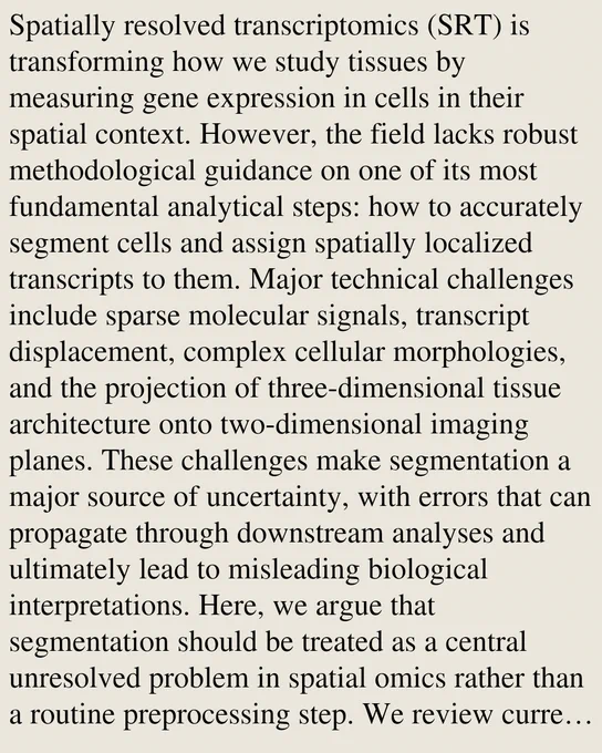 Spatially resolved transcriptomics (SRT) is transforming how we study tissues by measuring gene expression in cells in their spatial context. However, the field lacks robust methodological guidance on one of its most fundamental analytical steps: how to accurately segment cells and assign spatially localized transcripts to them. Major technical challenges include sparse molecular signals, transcript displacement, complex cellular morphologies, and the projection of three-dimensional tissue architecture onto two-dimensional imaging planes. These challenges make segmentation a major source of uncertainty, with errors that can propagate through downstream analyses and ultimately lead to misleading biological interpretations. Here, we argue that segmentation should be treated as a central unresolved problem in spatial omics rather than a routine preprocessing step. We review current approaches, highlight key methodological limitations, including the lack of appropriate metrics and gold-sta