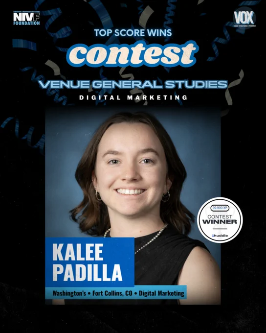 A smiling individual is featured as the winner of a digital marketing contest at Washington's, Fort Collins, CO. The image has a celebratory and professional tone.
