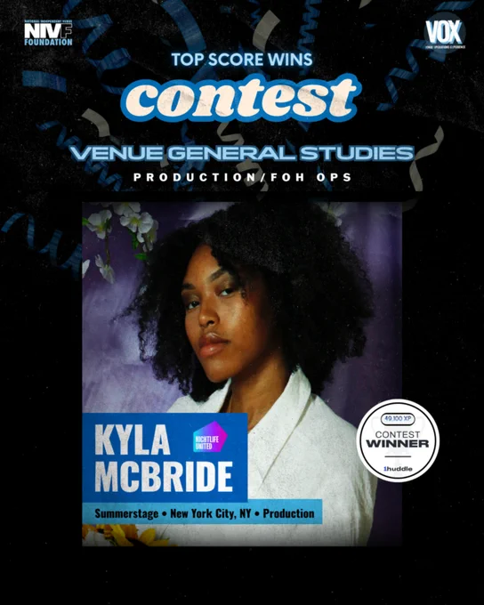 Image announcing a contest winner for Venue General Studies in production and front-of-house operations, featuring the winner's photo.