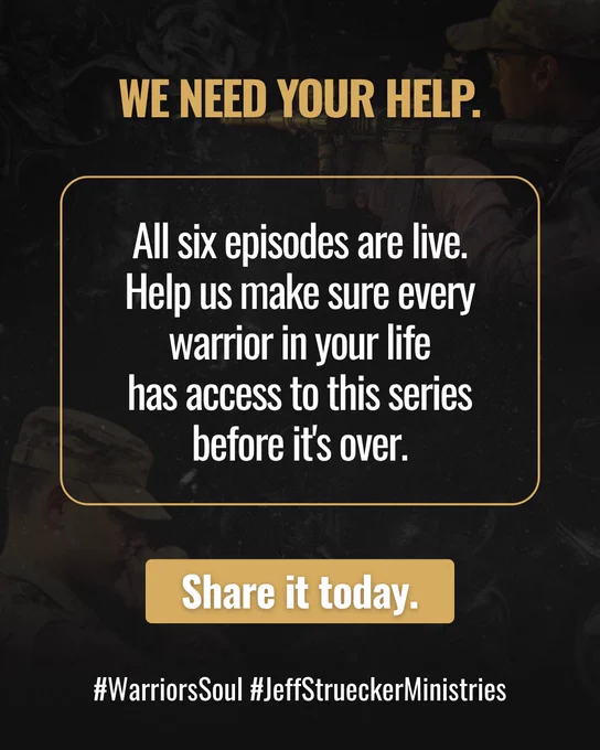 A promotional graphic urging viewers to share a series of six episodes. The background features silhouettes of soldiers, creating a serious and motivational tone.