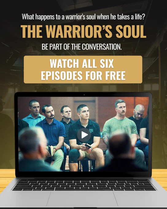 Promotional image for 'The Warrior's Soul' series. Features a laptop showing a group discussion scene, inviting viewers to watch all six episodes for free.