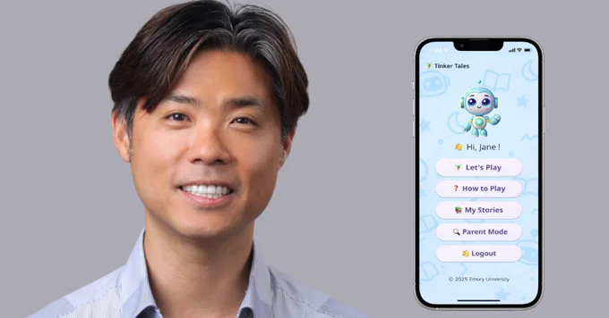Headshot of Emory computer scientist Jinho Choi next to a phone with the Tinker Toys screen displayed