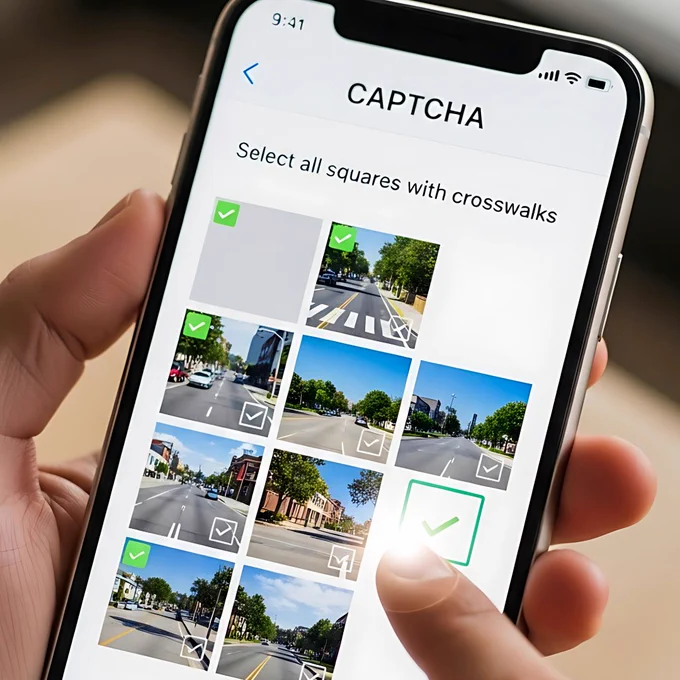 A smartphone screen displaying a CAPTCHA test with a prompt to "Select all squares with crosswalks." Some squares are checked, indicating selected images.