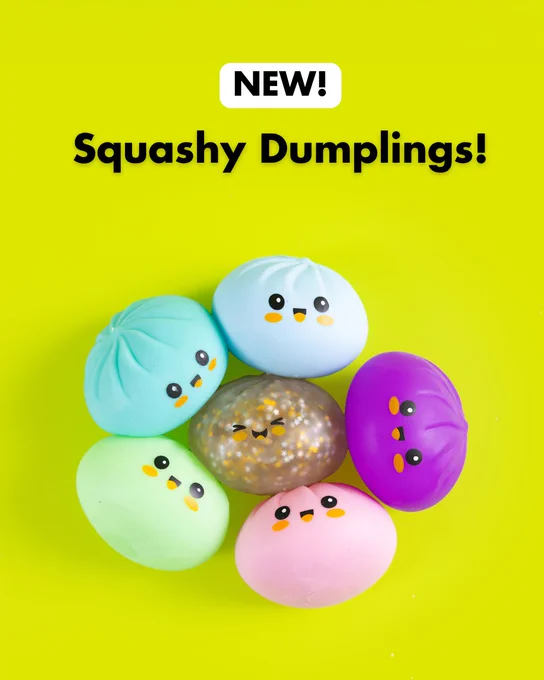 Six colorful squishy dumpling toys with cute faces arranged in a circle on a bright yellow background. Text says "New Squashy dumplings!"