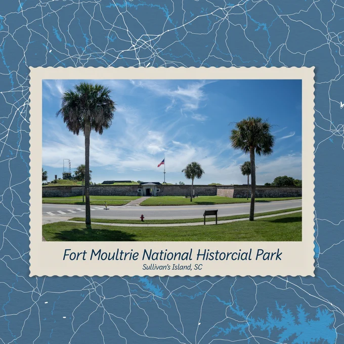 A photo of Fort Moultrie National Historical Park on Sullivan's Island. The photo features the fort and few palmetto trees around the fort.