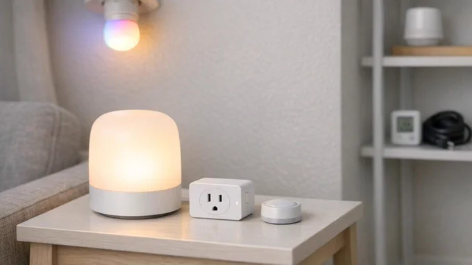 Modern living room with various smart bulbs, plugs, and sensors arranged on IKEA-style furniture.