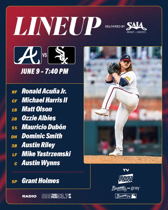 Braves Starting Lineup vs the White Sox: RF Ronald Acuña Jr., CF Michael Harris II, 1B Matt Olson, 2B Ozzie Albies, SS Mauricio Dubón, DH Dominic Smith, 3B Austin Riley, LF Mike Yastrzemski, C Austin Wynns, SP Grant Holmes