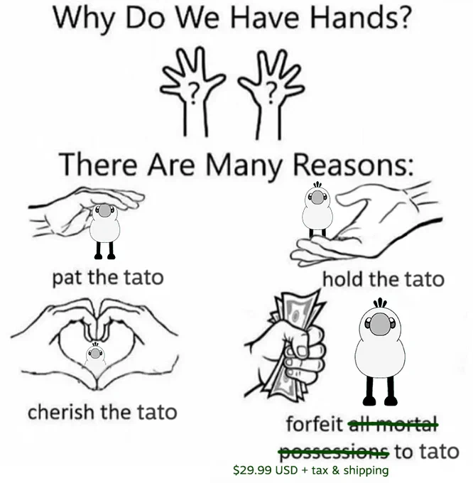 Why do we have hands? pat the tato. hold the tato. cherish the tato. forfeit $29.99 USD   tax & shipping to tato.
Tato is a cartoon bird-like creature.