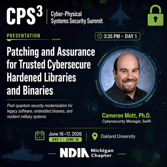 Presentation slide for CPS3 Cyber-Physical Systems Security Summit on patching and assurance of cybersecurity hardened libraries and binaries.