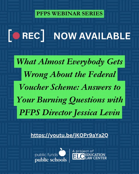 Webinar graphic - Recording now available of PFPS's latest webinar titled "What Almost Everybody Gets Wrong About the Federal Voucher Scheme: Answers to Your Burning Questions With PFPS Director Jessica Levin." https://youtu.be/jKOPr9aYa2Q