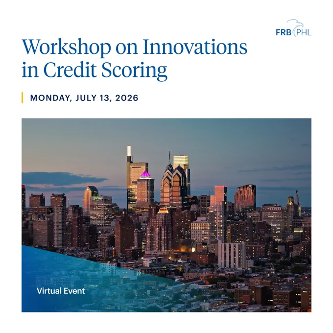 The image shows a promotional graphic for a workshop titled "Workshop on Innovations in Credit Scoring." The event is scheduled for Monday, July 13, 2026, and will be held virtually. It includes a cityscape of Philadelphia at dusk with prominent skyscrapers, and the logo of the Federal Reserve Bank of Philadelphia is in the top right corner.