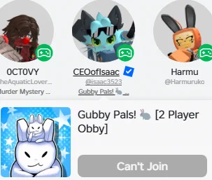 roblox website screenshot of ceoofisaac playing a game called gubby pals 2 player obby
