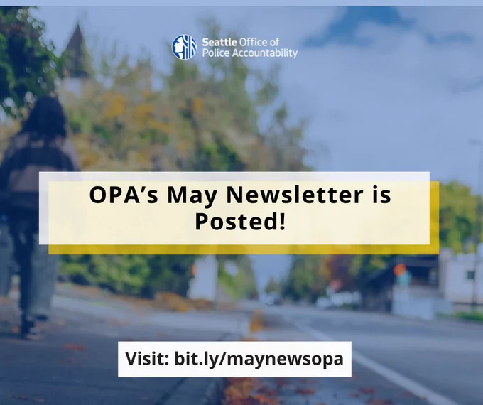 Photograph of a city street with leaves in the street and trees in the background on the left and buildings on the right. There is a blurred image of a person from behind with longer, dark hair in a brown and black striped sweater and jeans. There is a graphic overlay of a white box that says “May's newsletter is out!” in black, bold text. OPA’s logo is at the top, middle the graphic. At the bottom of the graphic in a white box is a link to the newsletter: bit.ly/maynewsopa