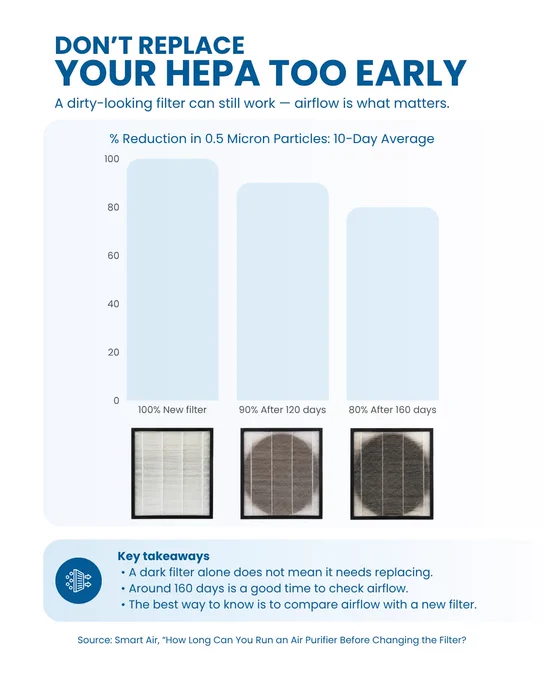 Graphic explaining that a HEPA filter can still work even when it looks dirty.