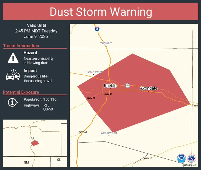 This graphic displays a dust storm warning plotted on a map. The warning is in effect until 2:45 PM MDT. The warning includes I-25, US-50 near Pueblo, CO.  This warning is for Central Pueblo County in southeastern Colorado. Near zero visibility in blowing dust expected. These conditions are resulting in Dangerous life threatening travel.  There are 150,116 people in this warning along with highways I-25, US-50.
