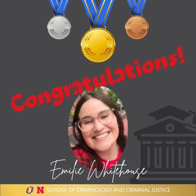 Dark gray background; gold, silver, and bronze medals at top. Gold strip at bottom with SCCJ logo in it. Text reads: Congratulations! Oval photo of Emilie Whitehouse with her name in cursive under it at bottom. Graphic of a university building at bottom right.