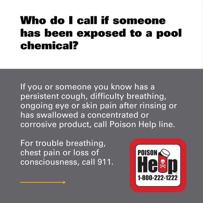 Graphic featuring a Poison Help line magnet with the question 'Who do I call if someone has been exposed to a pool chemical?' followed by the answer 'If you or someone you know has a persistent cough, difficulty breathing, ongoing eye or skin pain after rinsing or has swallowed a concentrated or corrosive product, call Poison Help line. For trouble breathing,  chest pain or loss of consciousness, call 911.'