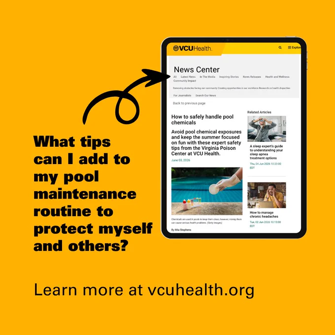 Informative graphic featuring a tablet displaying the VCU Health article on handling pool chemicals. A question 'What tips 
can I add to my pool maintenance routine to protect myself and others?' is highlighted with an arrow pointing to the tablet screen encouraging you to visit www.vcuhealth.org for more information.