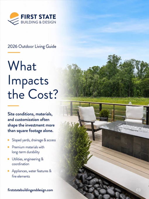 Promotional image for First State Building & Design featuring information on factors impacting outdoor living project costs. The setting conveys a modern, tranquil outdoor space.