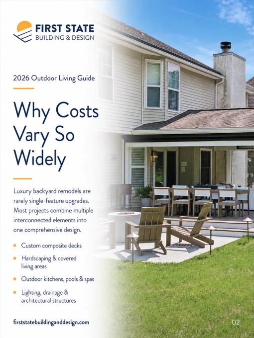 A cover page for an outdoor living guide featuring a modern backyard setup with a patio area. The design emphasizes luxury backyard remodels with comprehensive design elements.