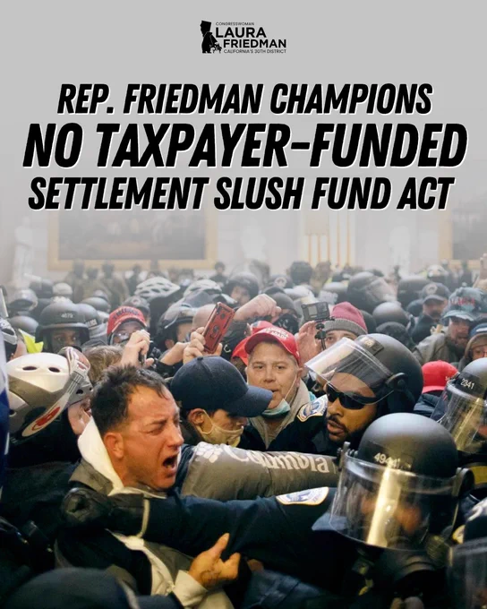 The image features a chaotic protest scene with a focus on police and protesters engaging. Prominent text promotes a legislative act by Rep. Friedman against taxpayer-funded settlements.