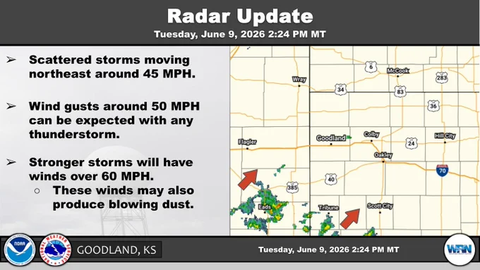 Storm activity moving into the Tri-State Area.  Wind gusts around 50 MPH will be possible with any thunderstorm. Be prepared for blowing dust with the stronger thunderstorm winds.