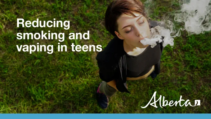 Young person standing on lawn blows vape into the air. Text reads reducing smoking and vaping in teens. Alberta logo in bottom right corner. 