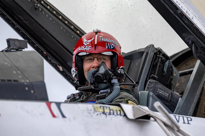 The Academy’s Civilian Instructor of the Year sits in an Air Force Thunderbirds jet.