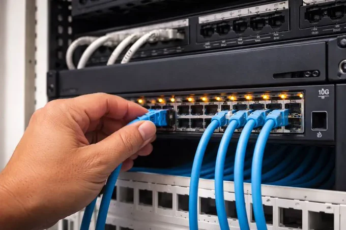 Multi‑gig network switch with Ethernet cables connected, highlighting high‑speed ports and infrastructure required for advanced home and professional networks.