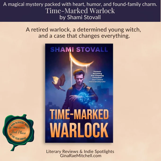 BBNYA 2025 finalist tour featured square image for Time-Marked Warlock by Shami Stovall featuring the book cover with a magical warlock on a cream background with GinaRaeMitchell branding.