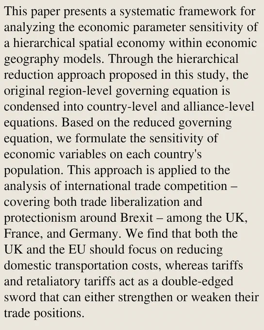 This paper presents a systematic framework for analyzing the economic parameter sensitivity of a hierarchical spatial economy within economic geography models. Through the hierarchical reduction approach proposed in this study, the original region-level governing equation is condensed into country-level and alliance-level equations. Based on the reduced governing equation, we formulate the sensitivity of economic variables on each country's population. This approach is applied to the analysis of international trade competition – covering both trade liberalization and protectionism around Brexit – among the UK, France, and Germany. We find that both the UK and the EU should focus on reducing domestic transportation costs, whereas tariffs and retaliatory tariffs act as a double-edged sword that can either strengthen or weaken their trade positions.