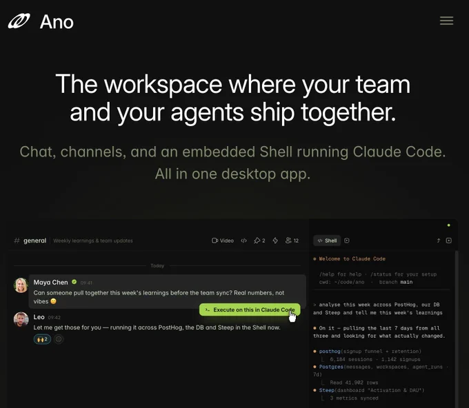 Captura de la web de “Ano”, una app de escritorio para equipos y agentes de IA. En la pantalla se lee “The workspace where your team and your agents ship together” y se muestra una interfaz tipo chat con canales, mensajes y una shell integrada ejecutando Claude Code. Nombre valiente para España y LATAM, desde luego.