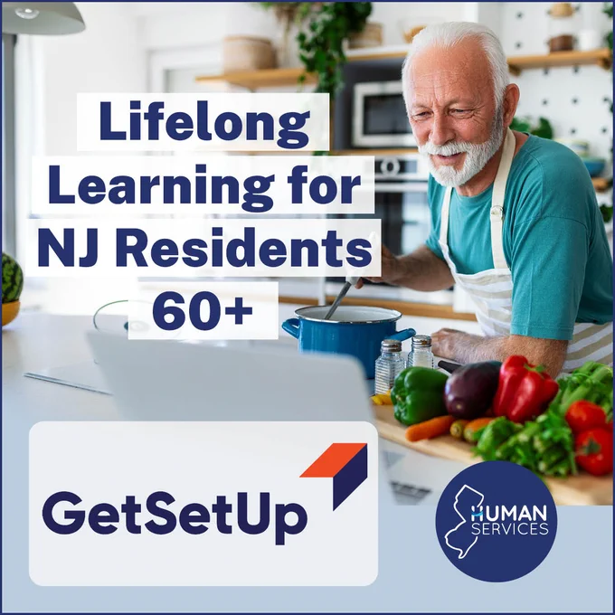 GetSetUp graphic that shows an older man taking a cooking class online. 