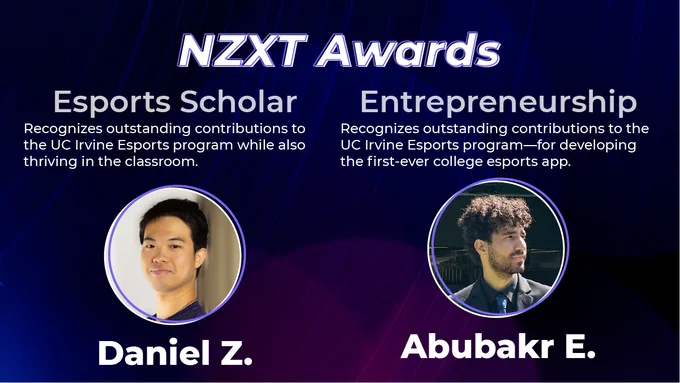 NZXT Awards poster with two award categories and portraits: Esports Scholar (left) and Entrepreneurship (right).