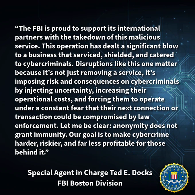 Statement from FBI Boston's Special Agent in Charge Ted Docks on Boston's support in the international takedown of First VPN Service used by ransomware actors to compromise businesses worldwide.
