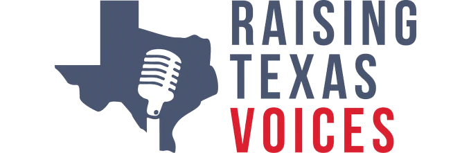 A logo with an outline of Texas containing a microphone, accompanied by the text "Raising Texas Voices.