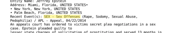 Deutsche Bank internal compliance alert flagging Epstein under Sex Offenses, April 2014