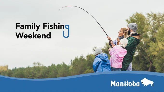 Photo of four people fishing with trees in the background. Caption: Family Fishing Weekend.