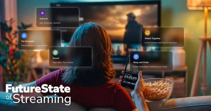 A person sits on a couch watching TV while using a smartphone. Interactive features like voice AI and real-time chat are highlighted, emphasizing innovation in streaming.