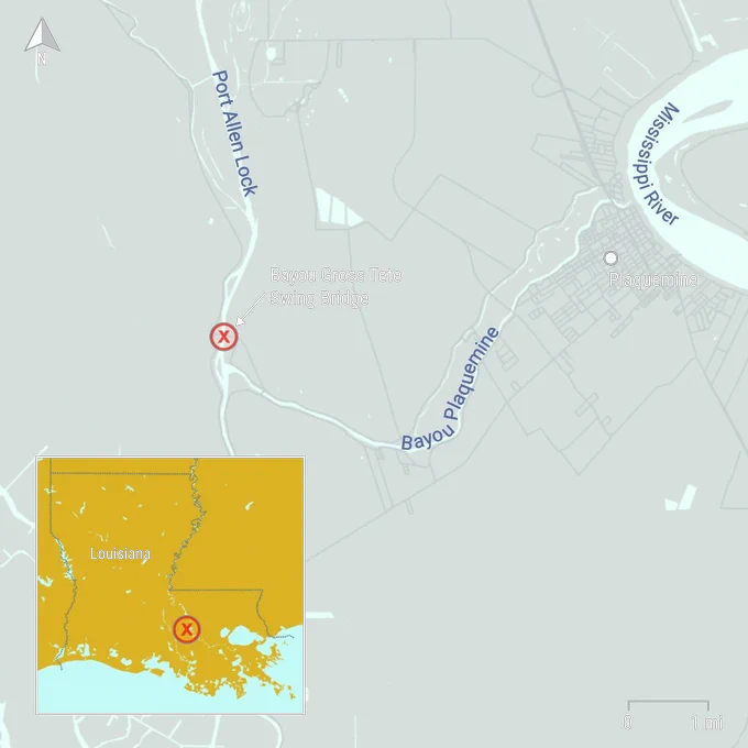 ​Area where the tow, pushed by the Josset, struck the Bayou Gross Tete swing bridge, as indicated by the red X. ​