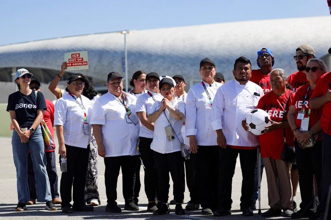 Food and beverage workers at SoFi Stadium represented by UNITE HERE Local 11 held a news conference