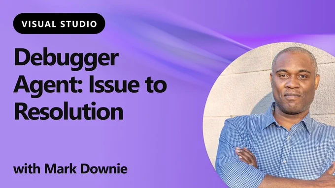 spot art.
Photo of Mark Downie.
text reads: visual studio
debugger agent: issue to resolution.