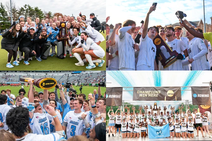 Collage shows from top left, the field hockey team posing with their NCAA Championship trophy in 2025, the men's soccer team taking a selfie with their NCAA Championship trophy in 2025, the men's lacrosse team celebrating with their NCAA Championship trophy, and the women's rowing team posing with their team and individual NCAA Championship trophies. 